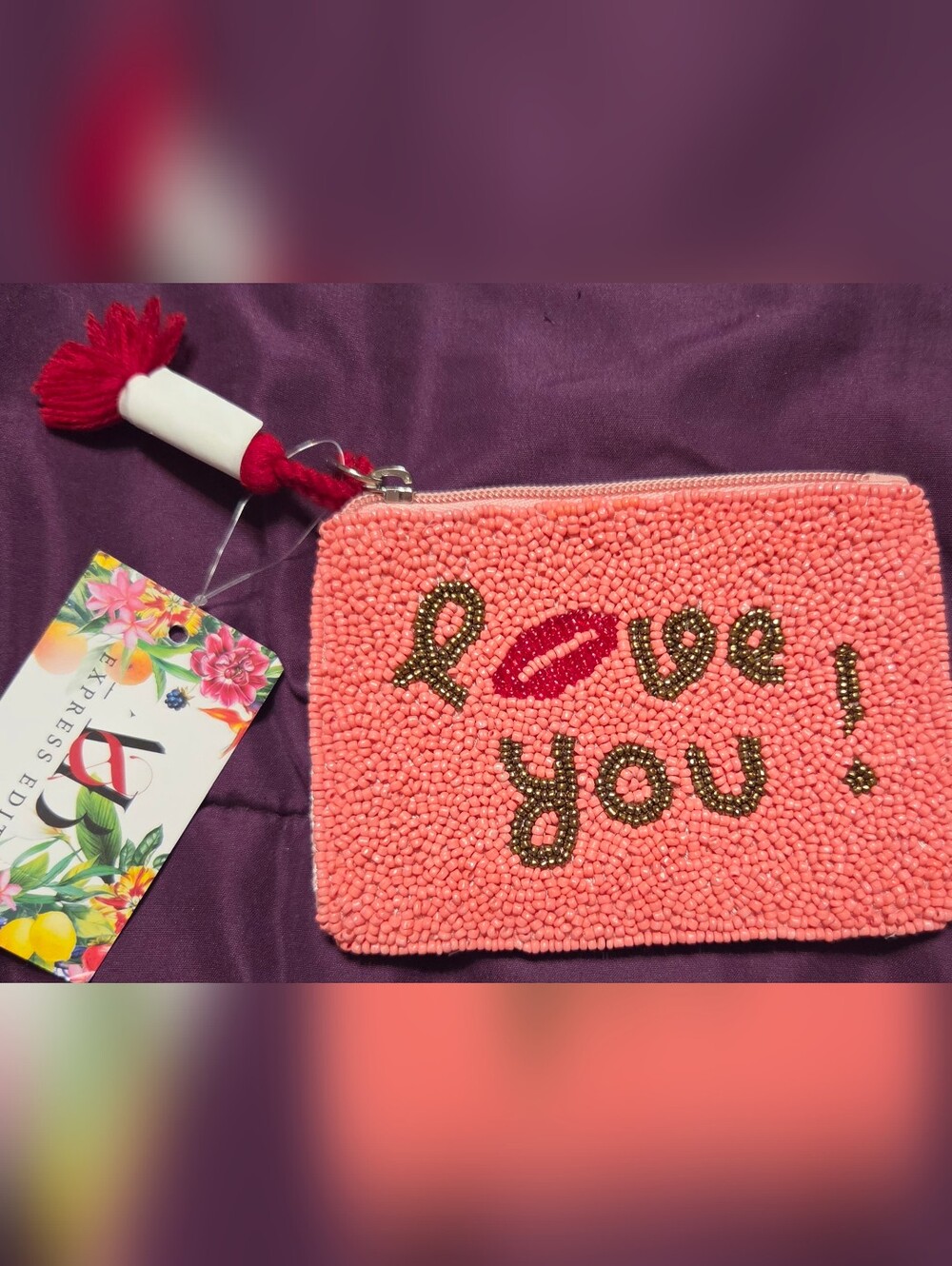 A&B Express Edit Pink Beaded 'Love You' Coin Pouch